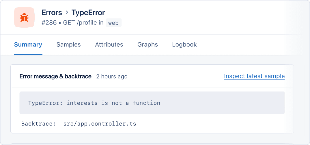 AppSignal Node.js error summary.