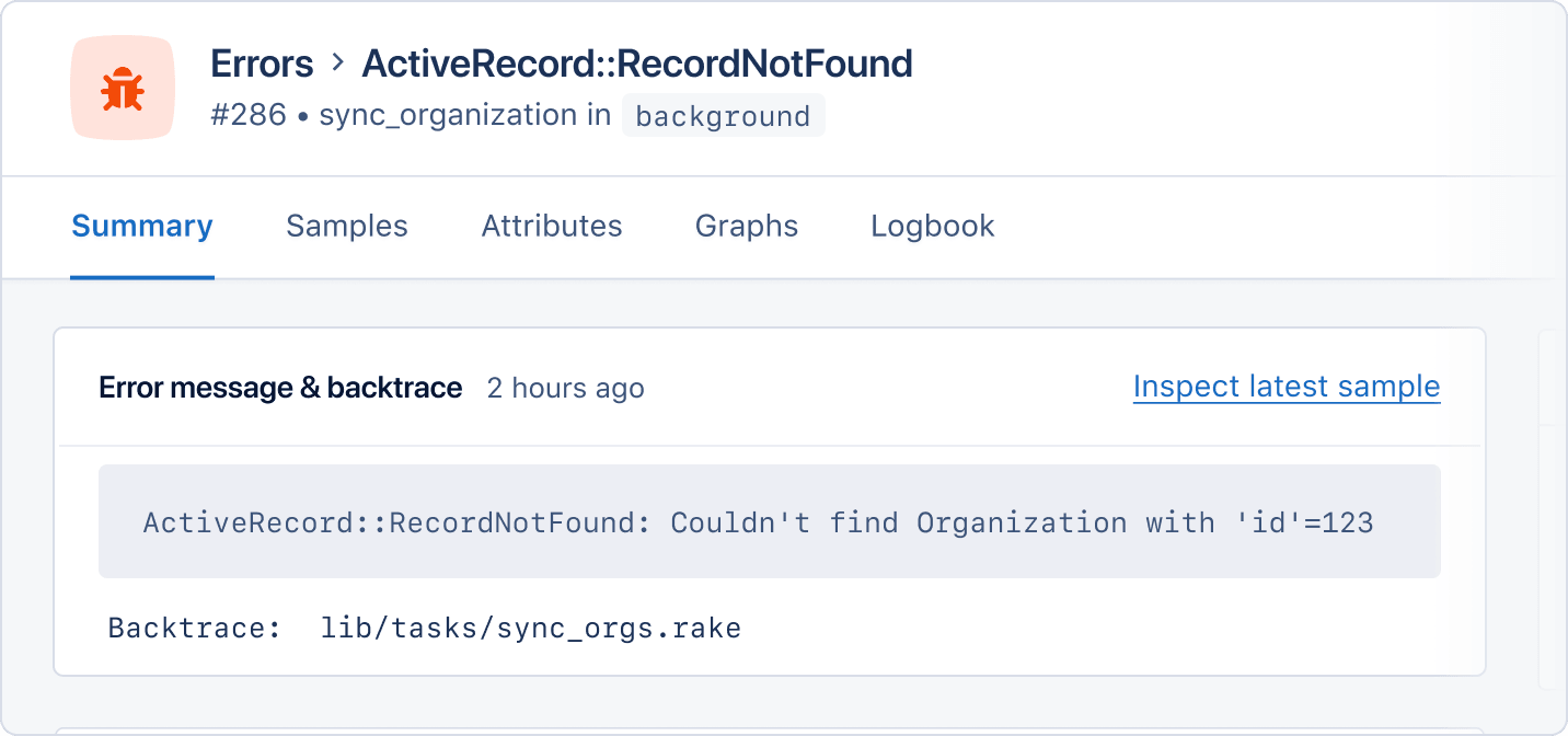 Error summary showing Rake error message and backtrace.